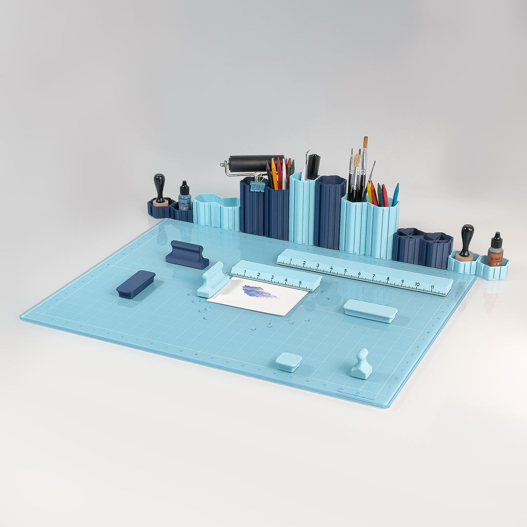 glassboard studios glass mat with accessories in blue